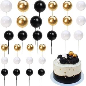 50x Black/Gold/Silver Balloon Ball Birthday, Anniversary, Wedding Cake Toppers